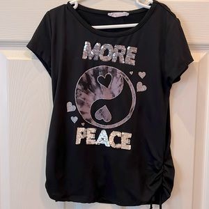 Girl black peace t-shirt short sleeve flip sequins glitter silver pink. Sz 7-8